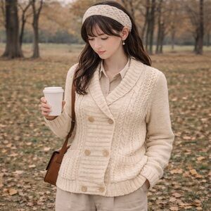 70s Montgomery Ward Cottage Neutral double button chunky knit cardigan sweater